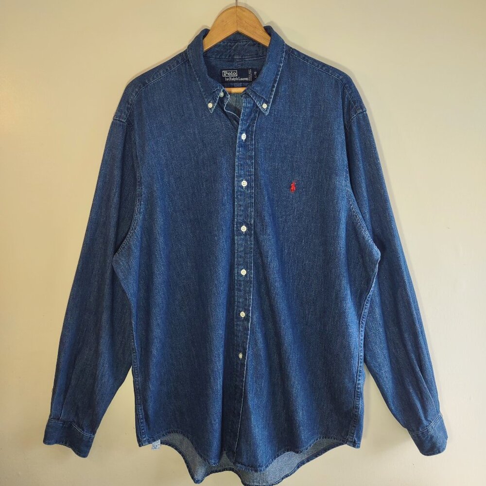 Polo Ralph Lauren Men Long Sleeve Denim Shirt Red Pony Button Down Large Vintage